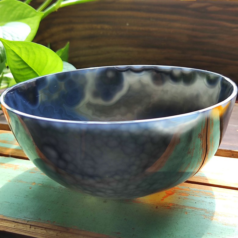 玛瑙印象 纯天然玛瑙碗玉石器皿摆件 碗底象形一轮明月收藏级画作