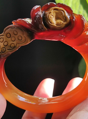 玛瑙印象 纯天然马红玛瑙雕刻手镯 绝品酒红 珍藏级 意境红荷56