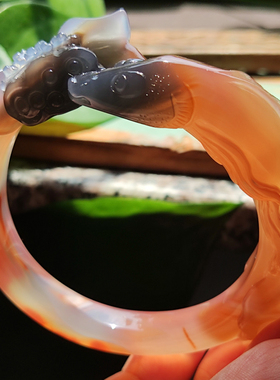 玛瑙印象 纯天然巴西玛瑙雕刻手镯 意境水墨蓝粉色精工连年有余55