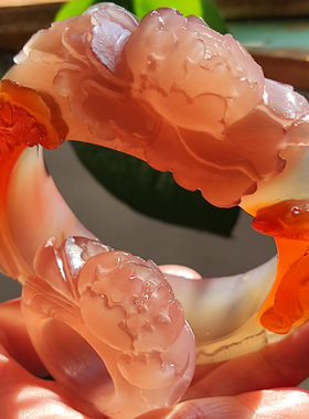 玛瑙印象 天然粉玛瑙雕刻手镯 冰透桃花粉 凤凰牡丹 收藏级套装58