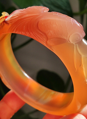 玛瑙印象 连年有余 巴西粉玛瑙雕刻手镯 粉糖心小鱼 吉祥新年镯60