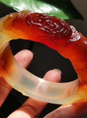 玛瑙印象 国色天香 纯天然酒红色牡丹花玛瑙雕刻手镯 高工高冰59