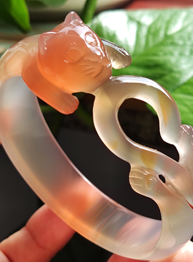 玛瑙印象天然巴西老花料玛瑙雕刻手镯 高冰强荧光 可爱猫咪手镯58