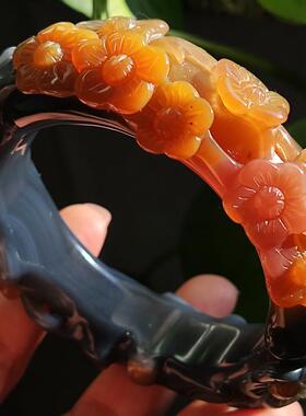 寒梅初绽 纯天然巴西老料玛瑙雕刻手镯 神秘质感墨蓝色鲜艳梅花56