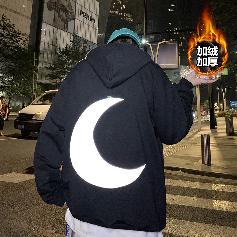 Autumn winter night view Hong Kong wind large men's moon reflective printed Plush thickened Hoodie