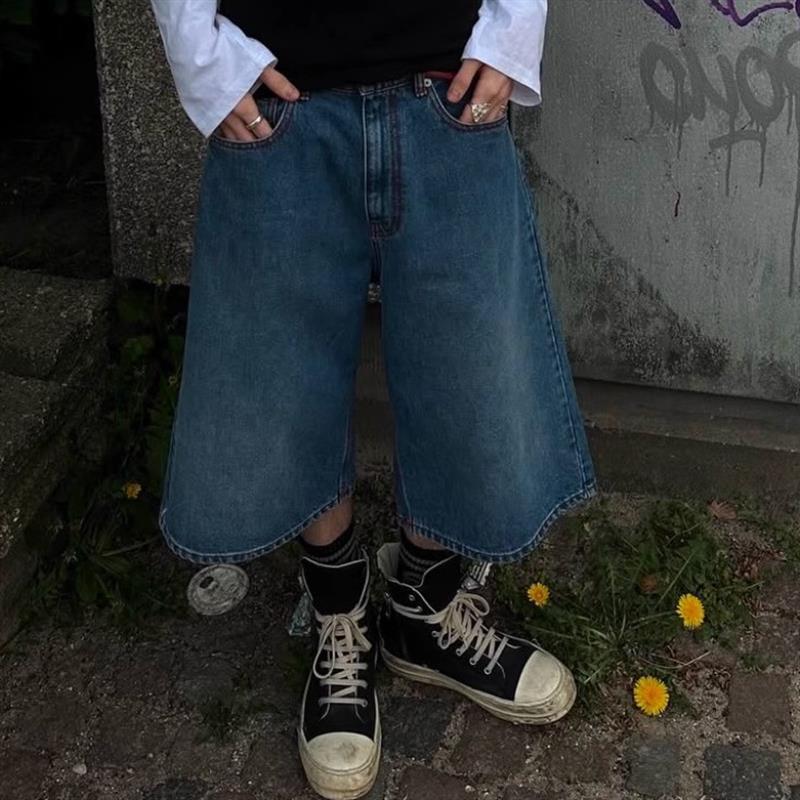 ERL 25SS 红线阔腿七分牛仔裤 复古滑板牛仔baggy短裤 男女同款