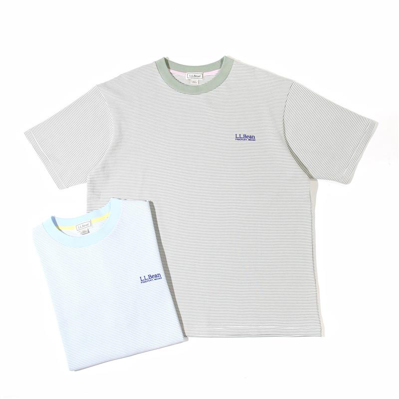 LL Bean刺绣条纹清新简约基础日系休闲宽松圆领男女短袖T恤潮