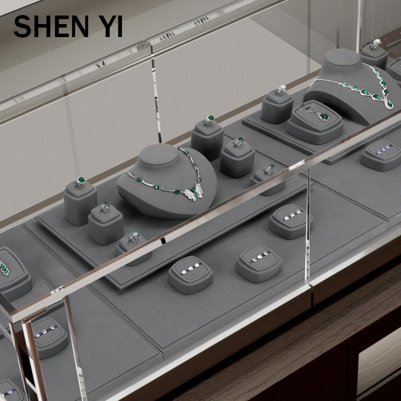SHENYI2024新款灰色超纤高级珠宝展示道具项链戒指耳环手链展示托