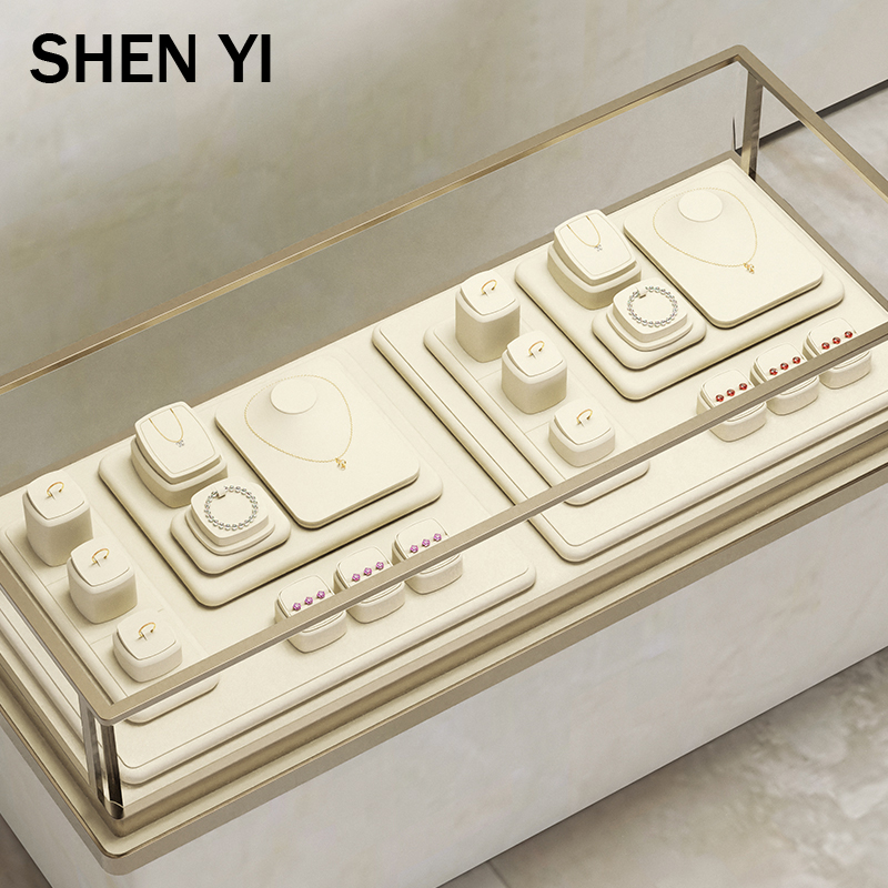SHENYI米白色超纤高档珠宝项链裸石展示架大牌珠宝柜台陈列道具