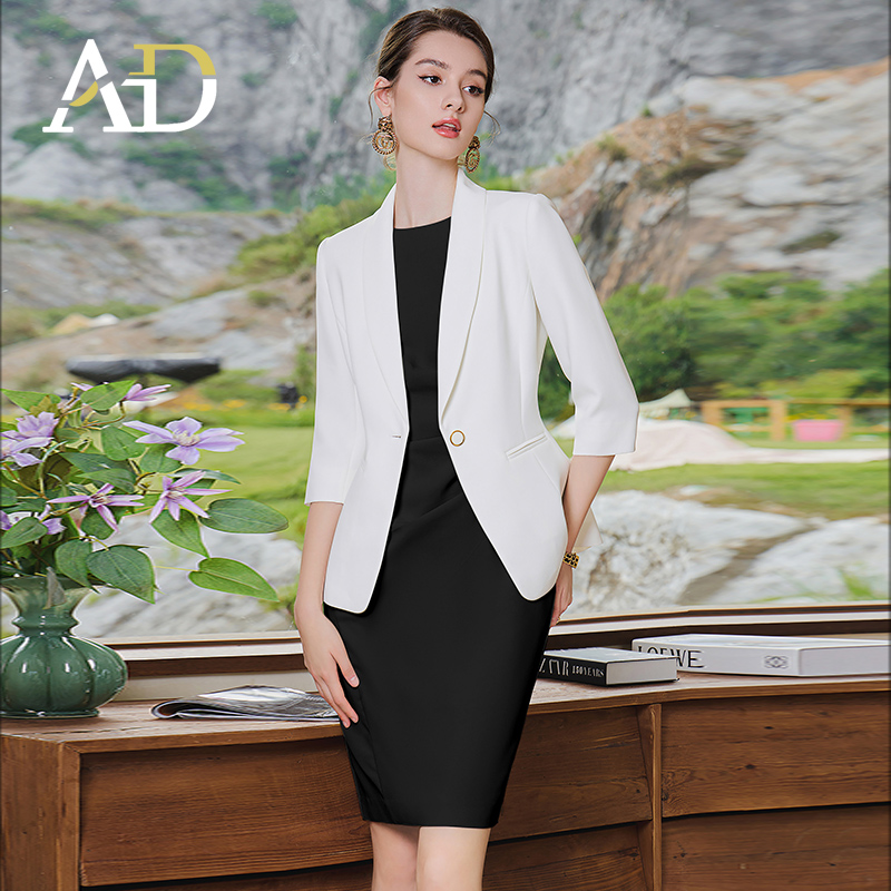 AD春秋时尚职场两件套女新款职业装七分袖白色西装无袖背心连衣裙