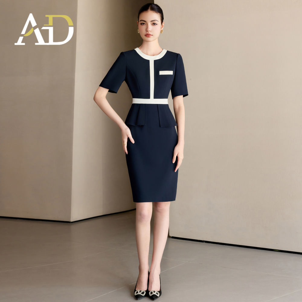 AD高端职业连衣裙女2025新款夏季短袖西装裙收腰显瘦圆领职场女装