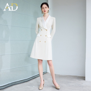 AD春季新款长袖西装裙女士职业装米白色缎面领社会连衣裙