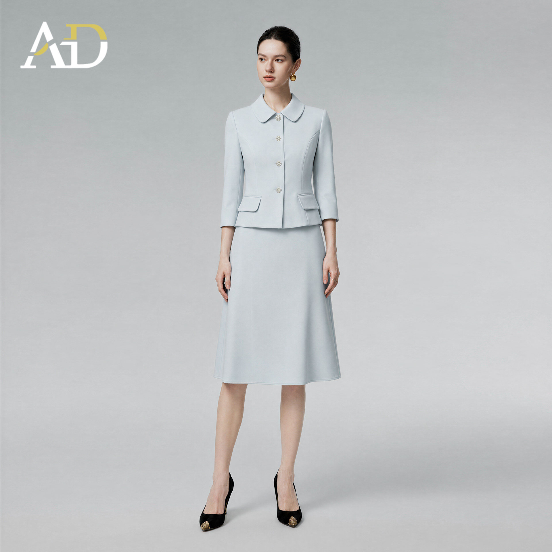 AD高级感浅蓝收腰西装半裙套装女