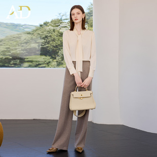 AD香槟色长袖衬衫女气质垂感飘带领上衣2025秋季新款时尚套装裤子