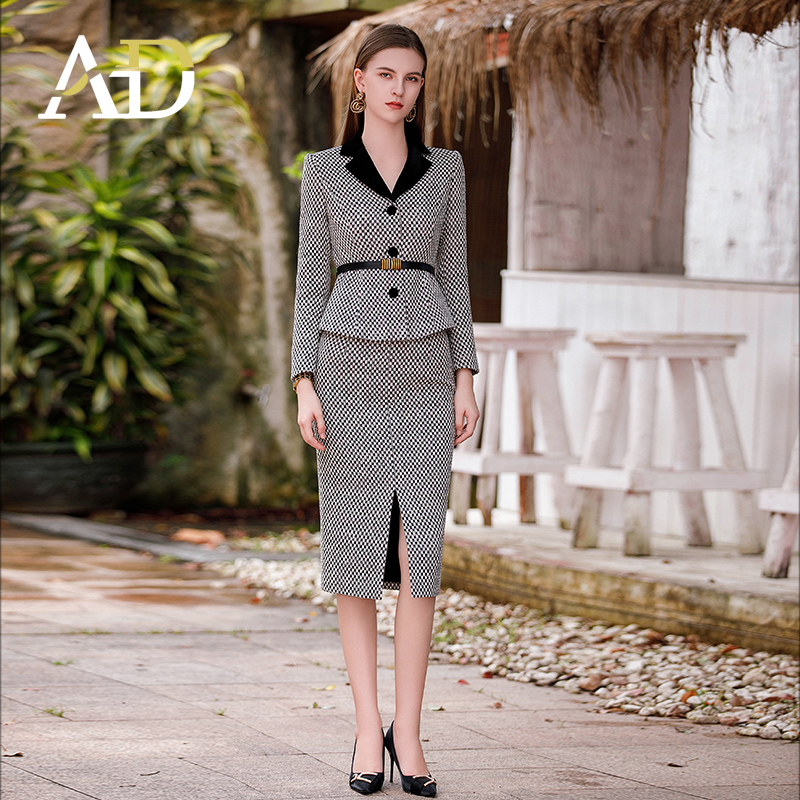 AD丝绒黑白格纹小香风套装职业装