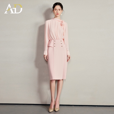 AD法式假两件衬衫接拼西装连衣裙