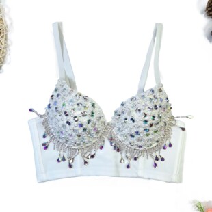 白色设计感珍珠鱼骨胸衣链条亚克力亮片装 饰外穿文胸高级感吊带