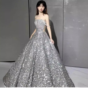 晚礼服主持人学生日成人礼艺考礼服2026新款 亮闪闪银色敬酒服新娘