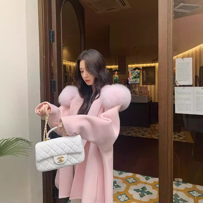 粉色冬季2024新款斗篷狐狸毛领双面羊绒大衣女中长羊毛呢皮草外套