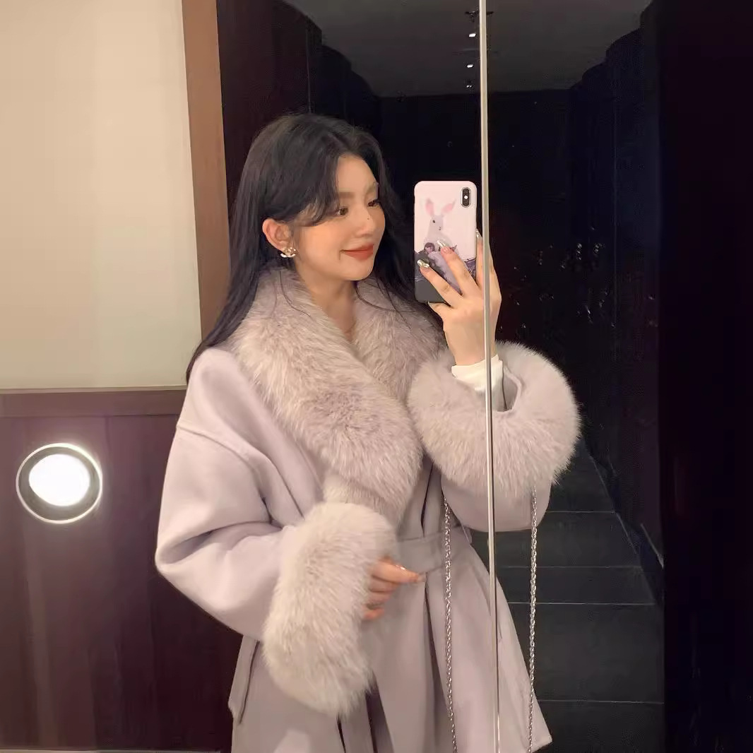 冰岛恋人24冬新款双面羊绒大衣女高级狐狸毛小个子羊毛呢皮草外套