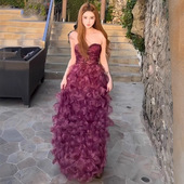 紫色抹胸连衣裙气质名媛生日宴会礼服纯欲性感长款 度假晚礼服长裙