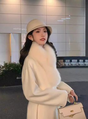 留洋千金冬季新款双面羊绒大衣女长款毛呢高级感白色皮草毛领外套