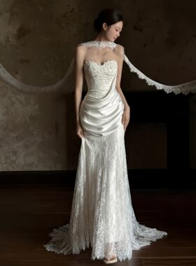 轻婚纱抹胸白色显瘦小拖尾复古新娘结婚简约韩版迎宾蕾丝出门纱