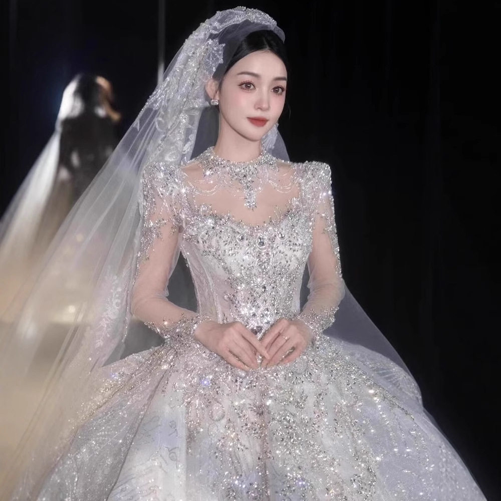 长袖轻婚纱新娘2025新款法式重工高级质感大码结婚高定主纱小个子图片
