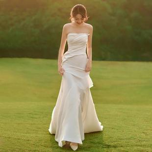 轻婚纱高级感超仙森系户外草坪旅拍出门纱新娘缎面迎宾礼服鱼尾裙