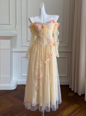 衣阁里拉2024春夏新品优雅气质吊带收腰显瘦长款网纱连衣裙 68514