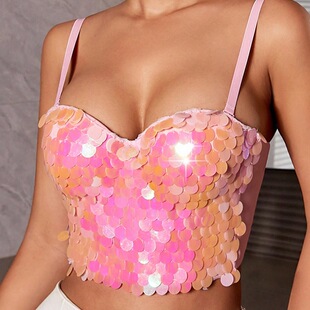 亚马逊束身鱼骨文胸外穿亮片钉珠吊带幻彩鱼鳞片裹胸马甲式