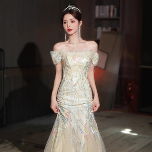 一字肩鱼尾晚礼服轻奢小众宴会绝美高级感成人礼年会主持人连衣裙
