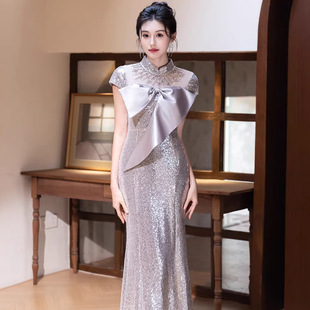 新中式旗袍领亮片鱼尾裙晚礼服女大蝴蝶结宴会走秀礼服工厂批发