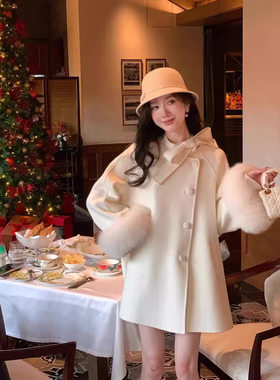 富家千金白色毛呢子大衣女 秋冬新款小个子2024双面羊绒斗篷外套