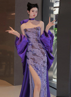 晚礼服紫色气质名媛生日宴会新娘敬酒服轻奢小众主持人鱼尾连衣裙