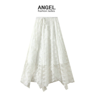 白色半身裙女2025春夏不规则蕾丝裙子中长款a字蛋糕长裙2503