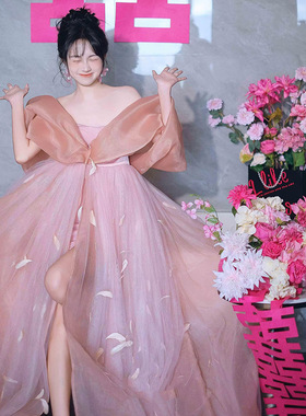 超仙晨袍女粉色蝴蝶结新娘订婚礼裙敬酒服一字肩生日party连衣裙