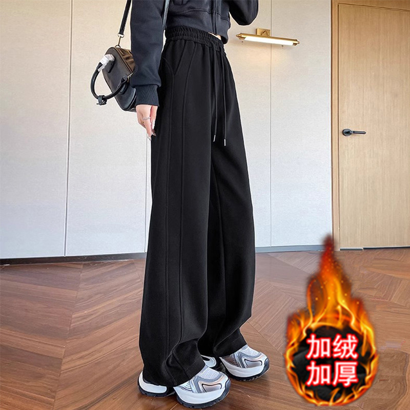 胖mm大码显瘦高腰加绒加厚香蕉运动阔腿裤女秋冬宽松休闲直筒长裤