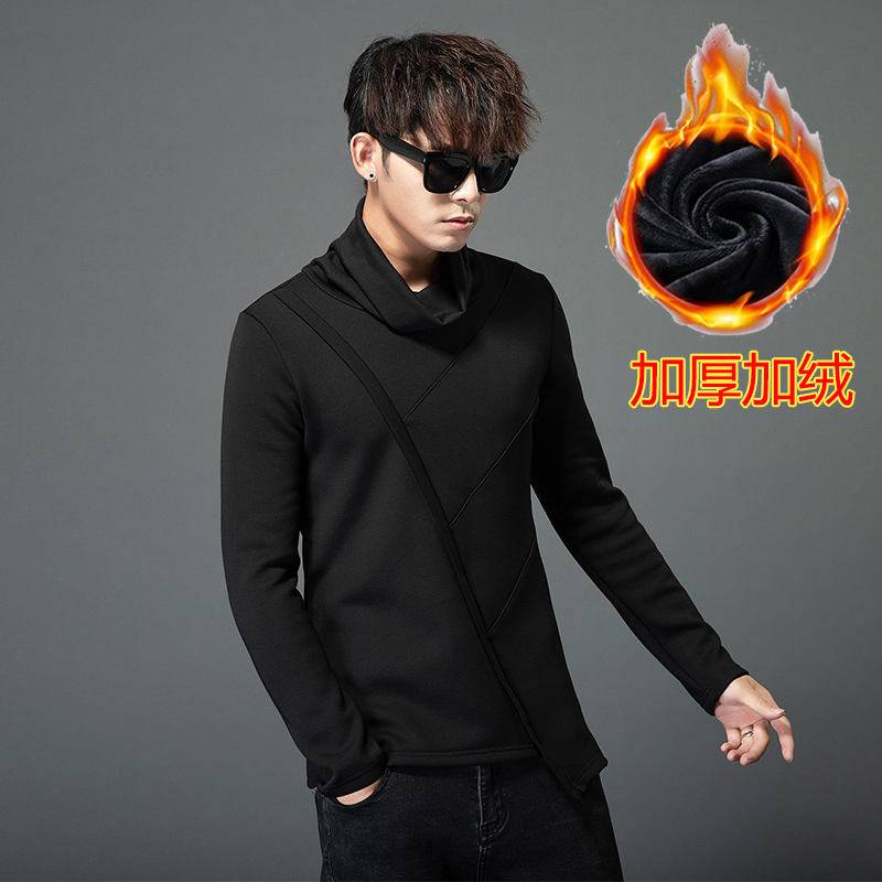 秋冬男士针织衫韩版不对称高领潮t2023新款装打底杉衣加绒加厚t恤