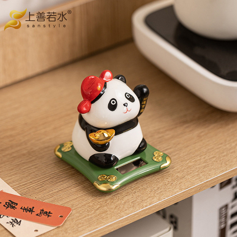 上善若水 陶瓷熊猫摆件 创意太阳能摇手猫办公室桌面装饰品0453,家居饰品,装饰摆件,淘宝优惠券,粉丝福利购,淘宝优惠卷