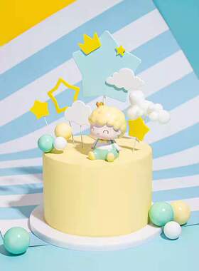 原创版权 马卡龙配色粉蓝色皇冠五角星EVA套装生日蛋糕装饰插牌