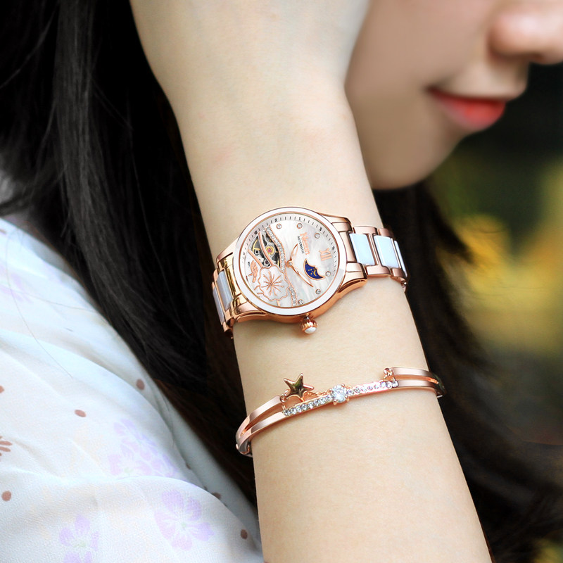 正品尼尚手表女机械表防水时尚潮流个性复古轻奢小众名牌陶瓷女表