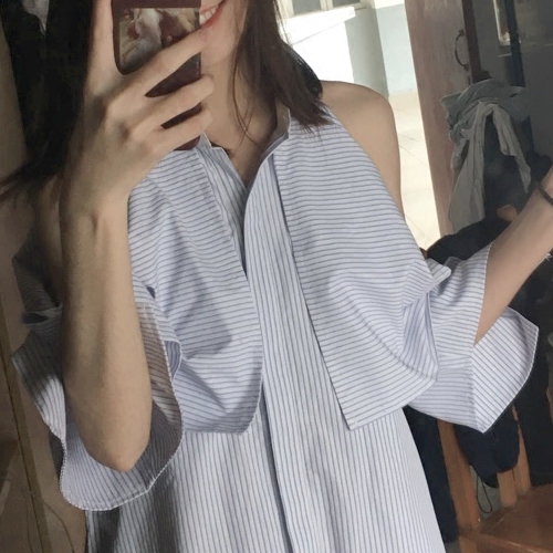 2017 Summer [walkindark] shopkeepers recommended vacation Cape off shoulder shirt dress