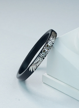 原创黑檀木镶银方形手镯紫光檀镶嵌猫头鹰国风实木手环镯子手饰品