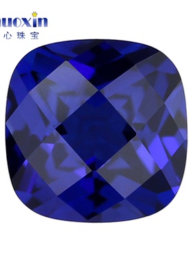 枕形尖底龟面34#蓝刚玉裸石 格子面网面肥正方合成蓝宝石戒面diy