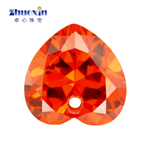 桃心形桔红色锆石中间单孔裸石 心形人造锆石打孔宝石耳钉吊坠DIY