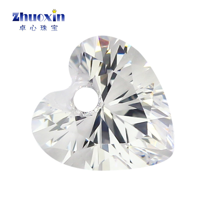 中间单孔7A白锆心形裸石 带孔白色合成锆石吊坠耳钉DIY配石配钻