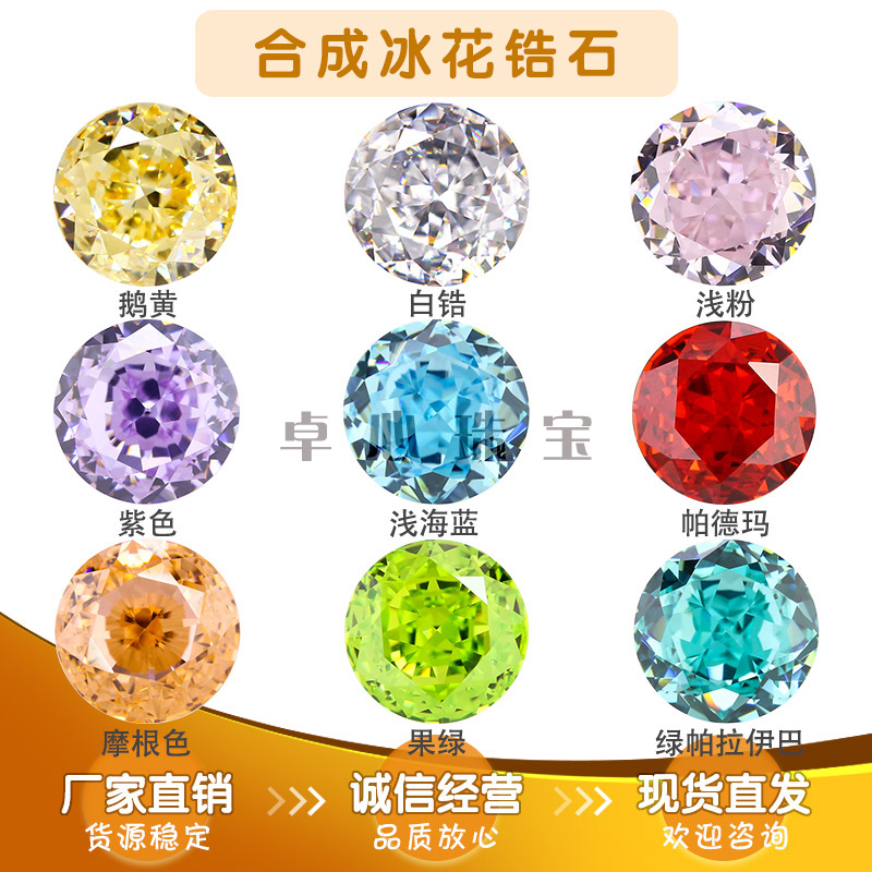 圆形冰花切合成锆石组合 爆闪碎冰切尖底彩色裸石白色果绿中国红