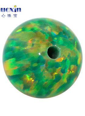 圆珠半孔草绿色欧泊石欧珀裸石 球形打孔珠子人造合成澳宝OP21
