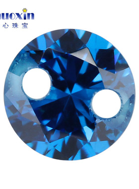 双孔圆形深海蓝色锆石裸石 带孔人造CZ宝石镶嵌珠宝首饰尖底散珠